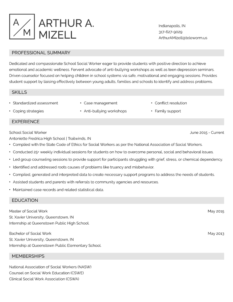 resume summary examples for social workers