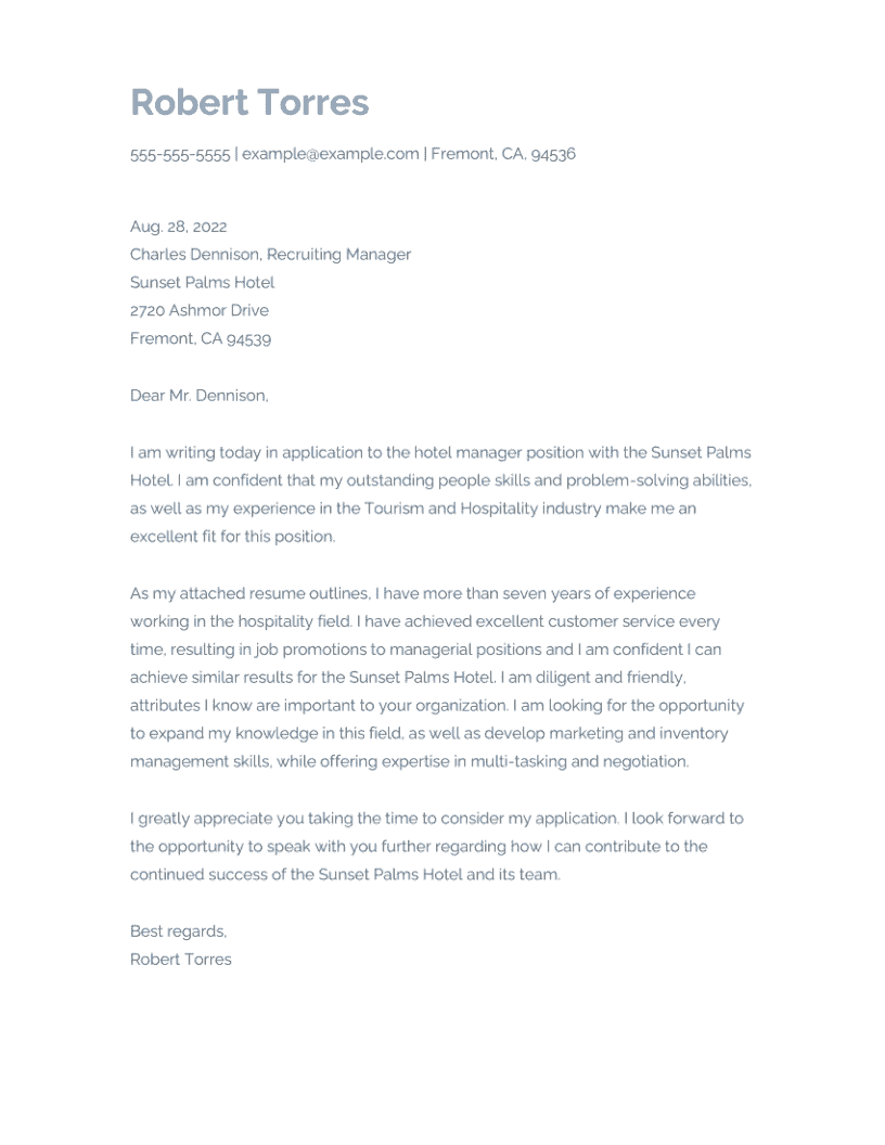 cover letter for hospitality template
